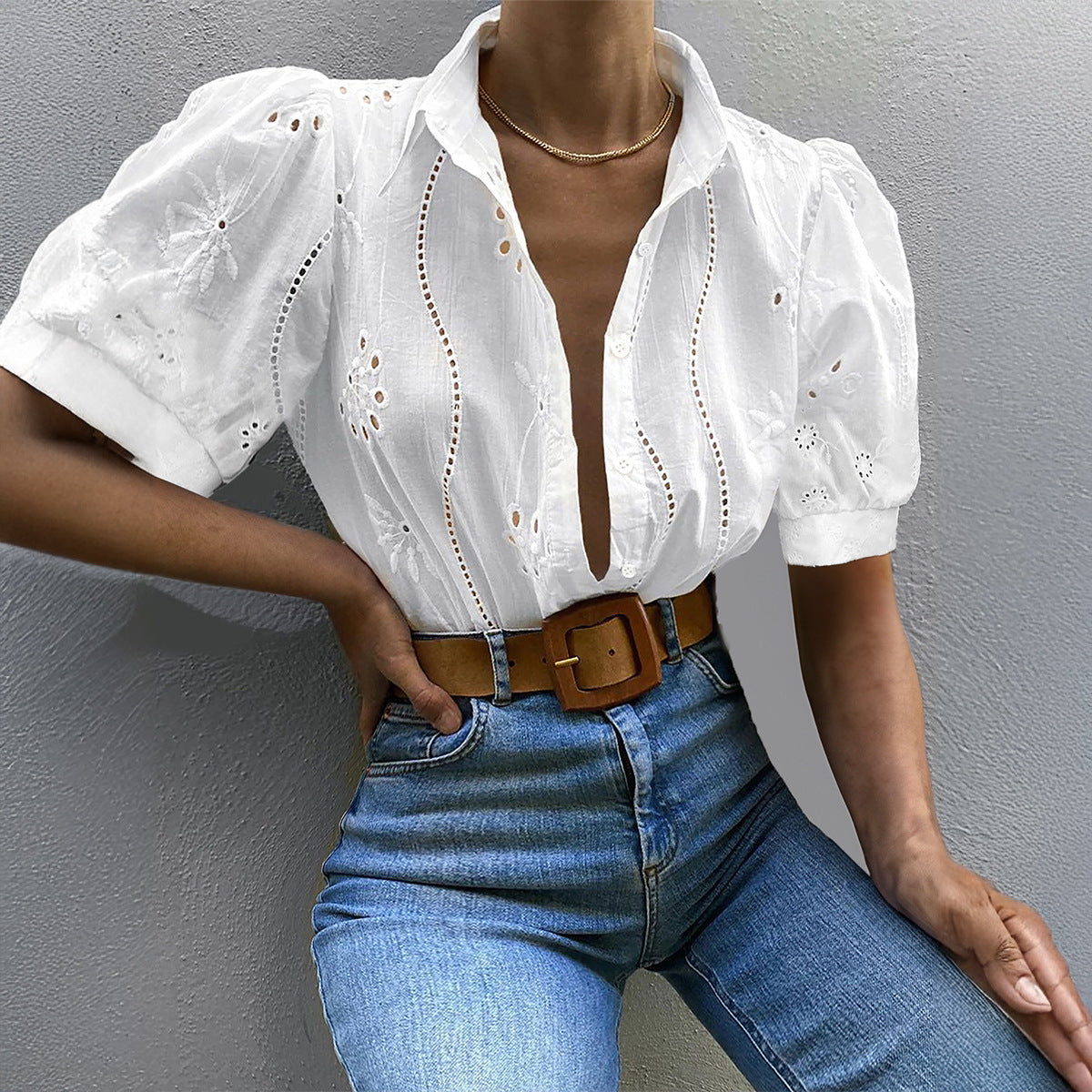 Hollow-Out Lantern Sleeves Buttons Shirt - JEXIE