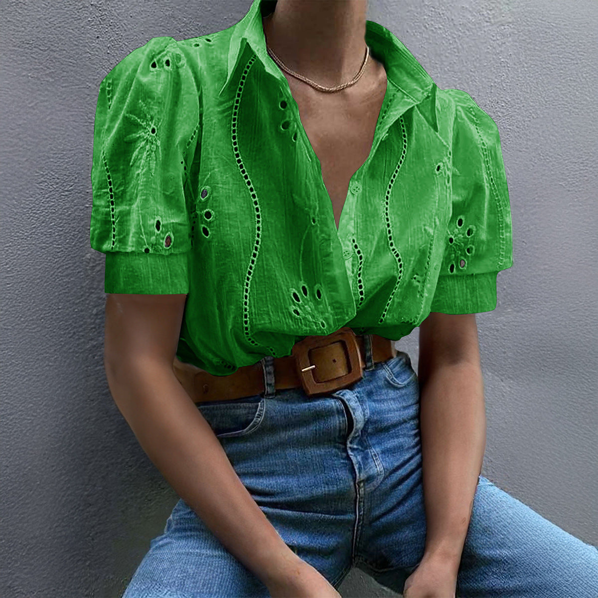 Hollow-Out Lantern Sleeves Buttons Shirt - JEXIE