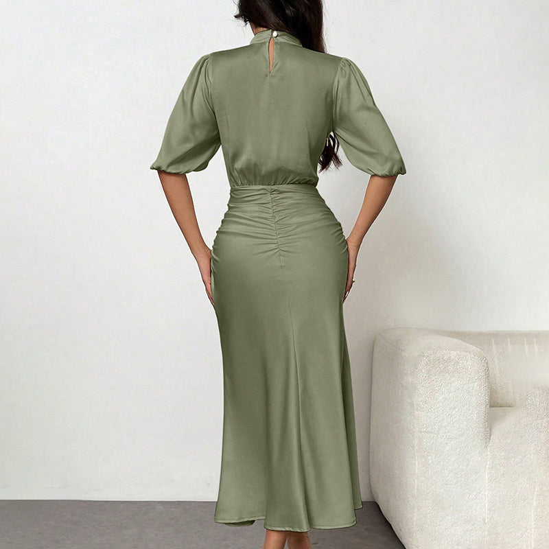 Mock Neck Satin Dress - JEXIE