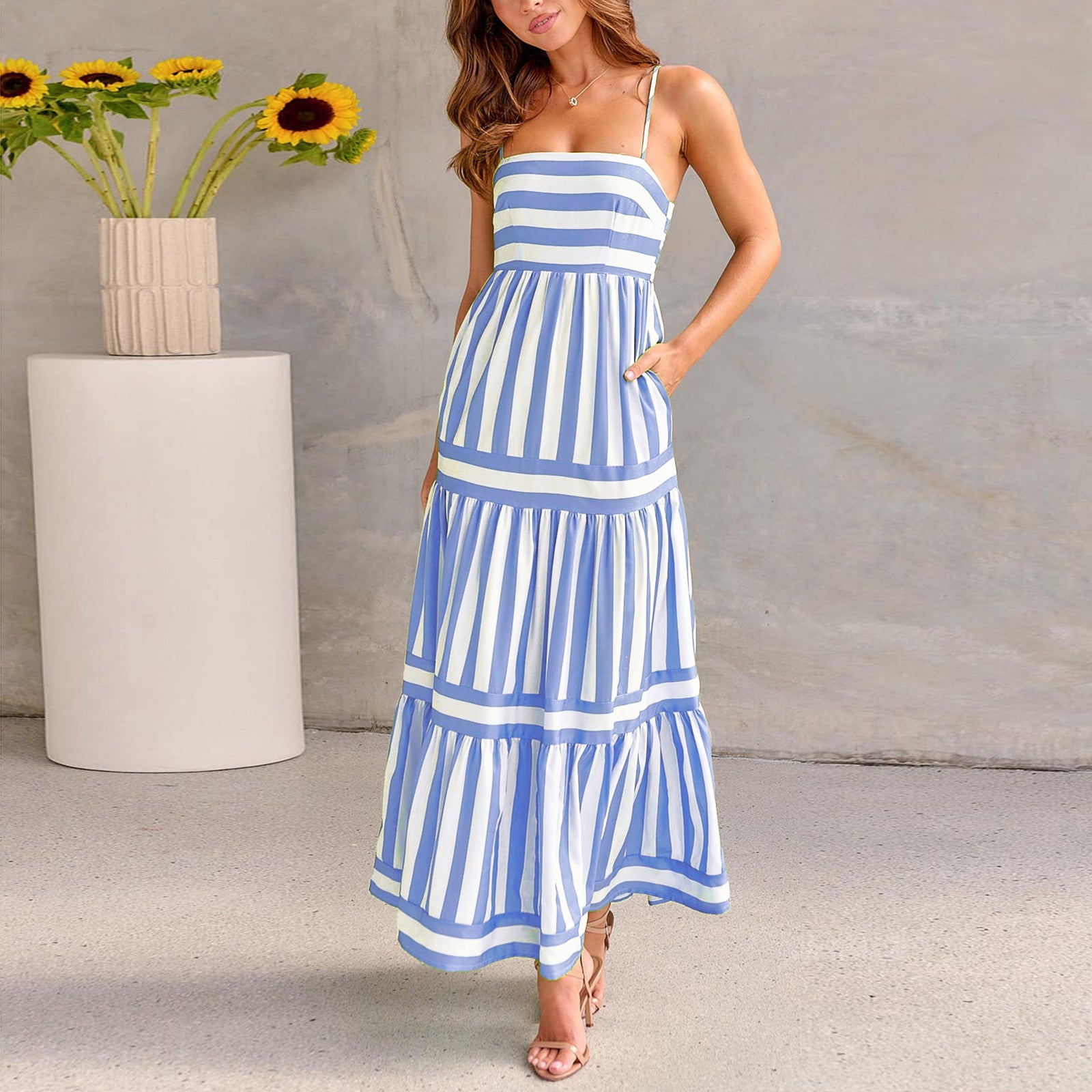 Striped Printed Spaghetti Straps Dress - JEXIE