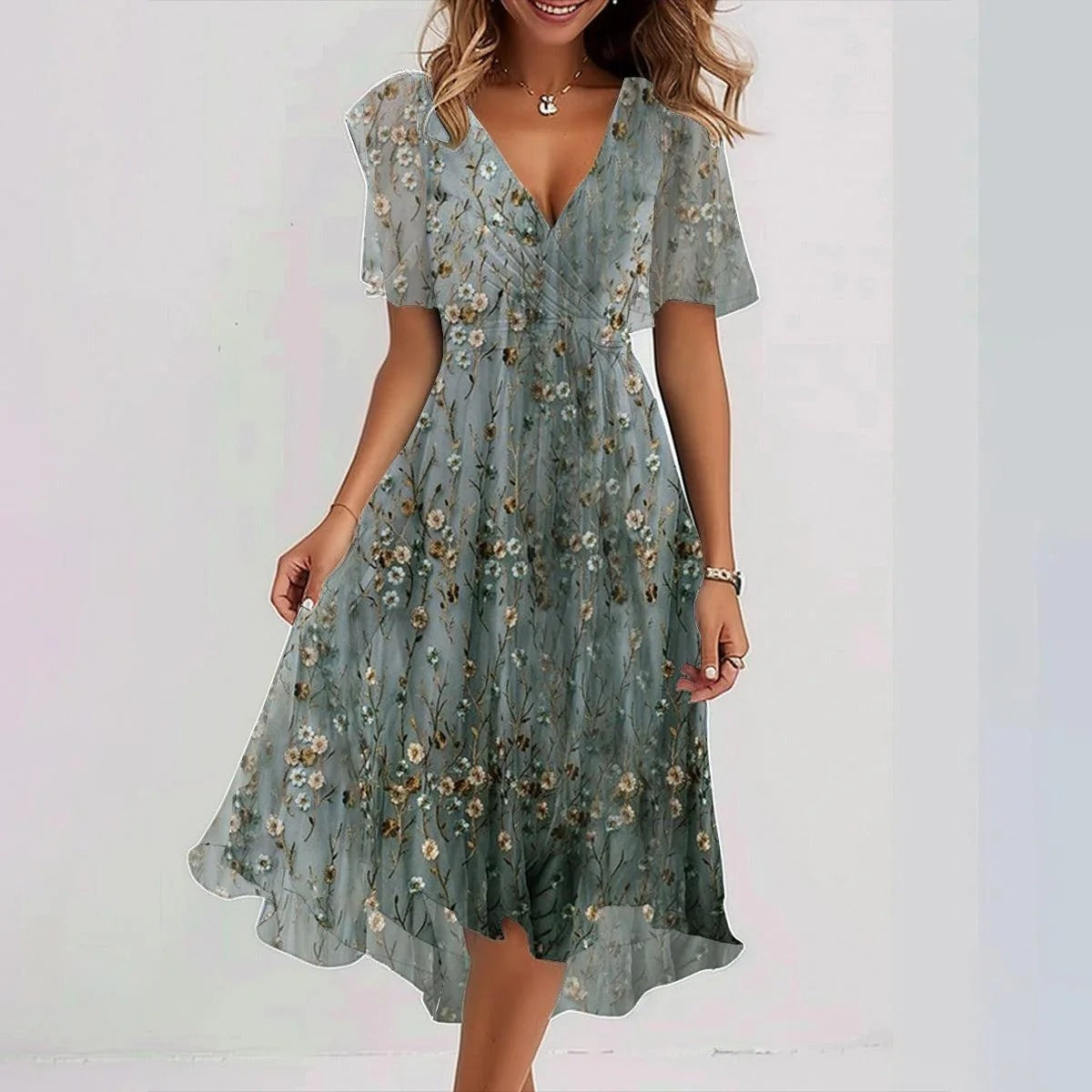 Chiffon Printed Short Sleeve Dress - JEXIE