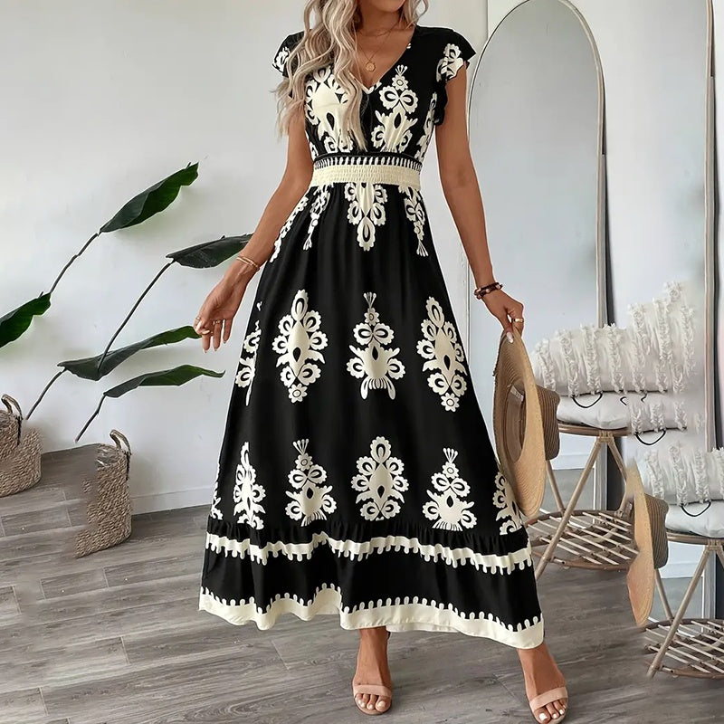 Damask Flowy Maxi Dress - JEXIE