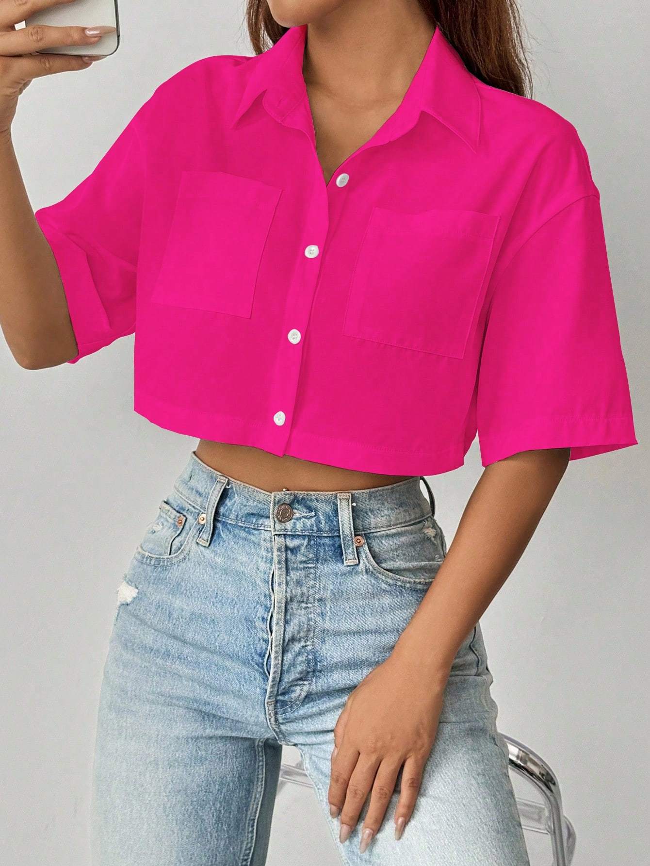 Front Pockets Plain Crop Top Shirt