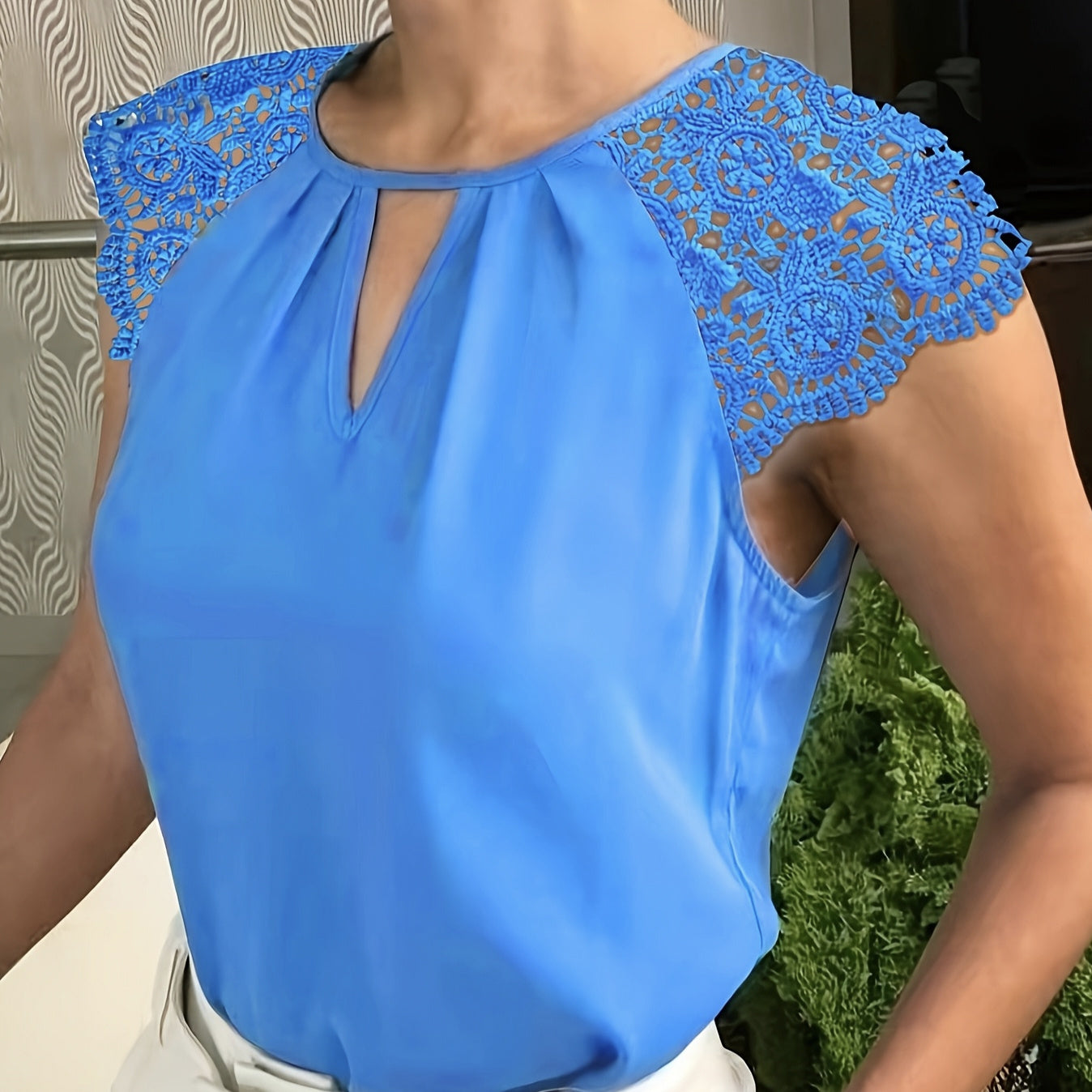 Lace Sleeves Pullover Blue Blouse - JEXIE