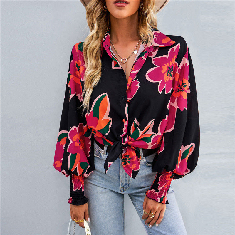 Colorful Prints Lantern Sleeve Shirt - JEXIE