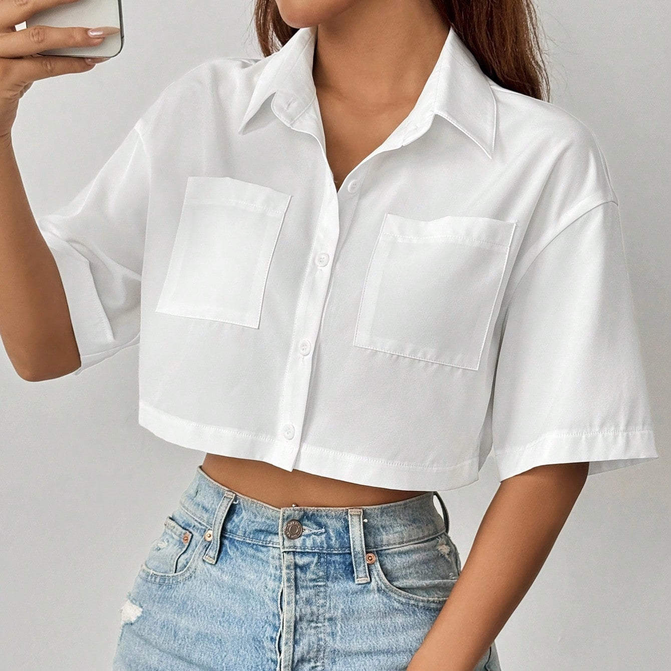 Front Pockets Plain Crop Top Shirt