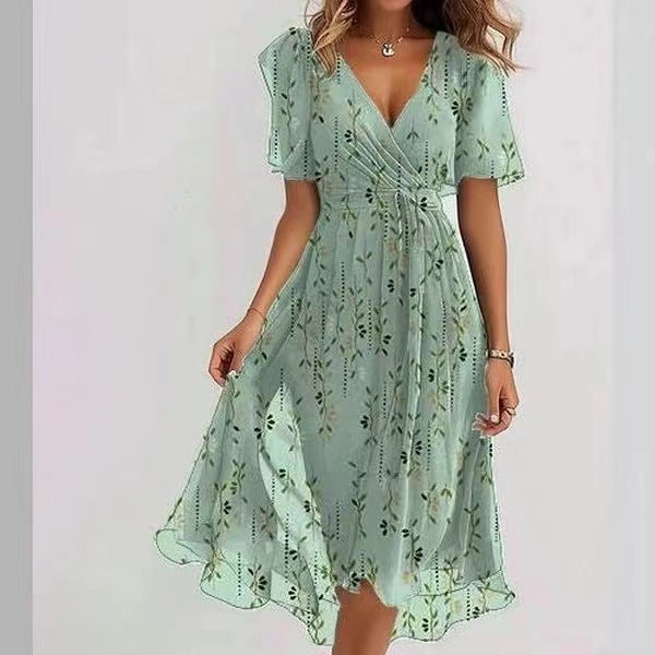 Chiffon Printed Short Sleeve Dress - JEXIE