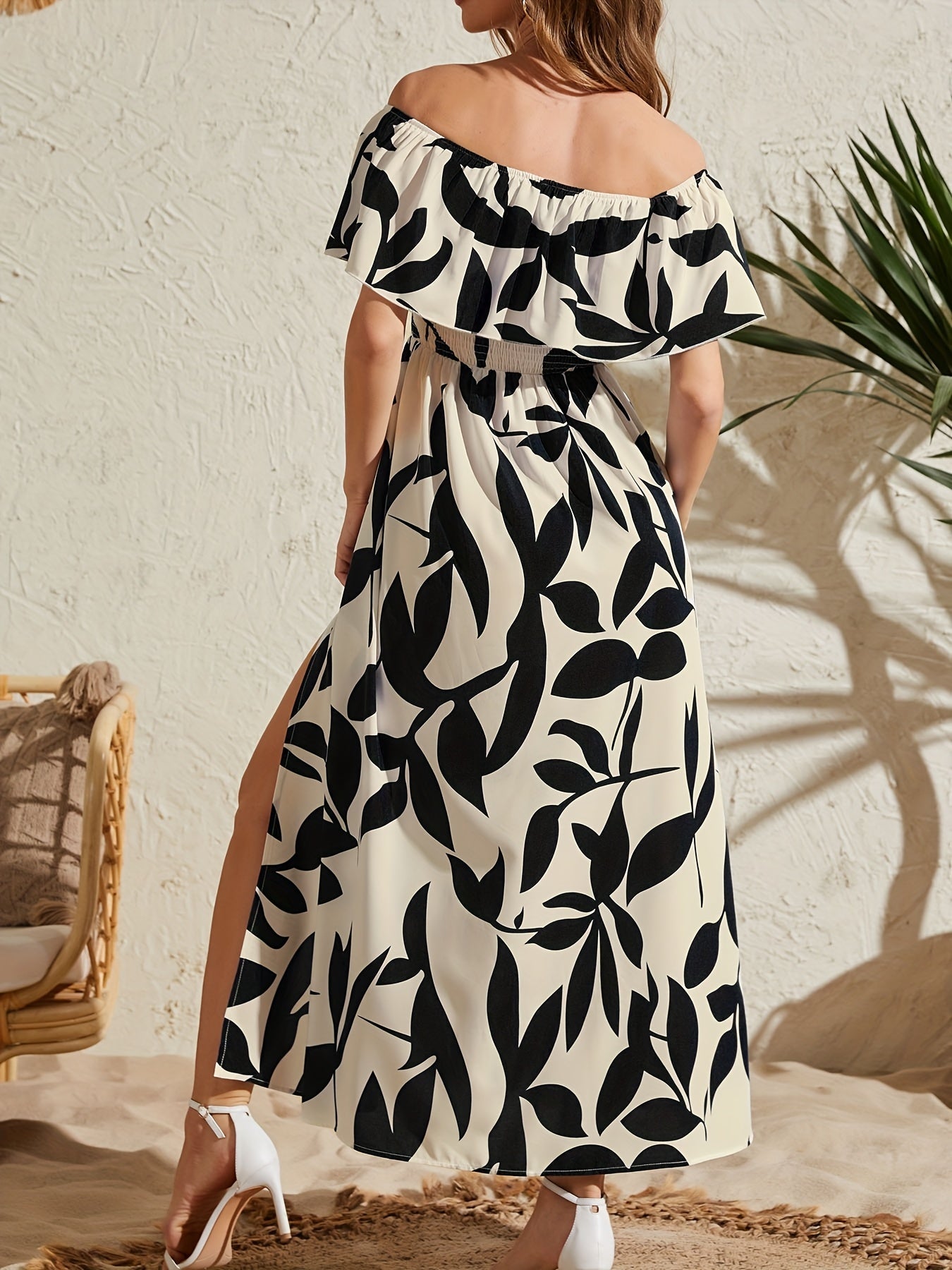 Off-shoulder Side Slit Flowy Maxi Dress - JEXIE