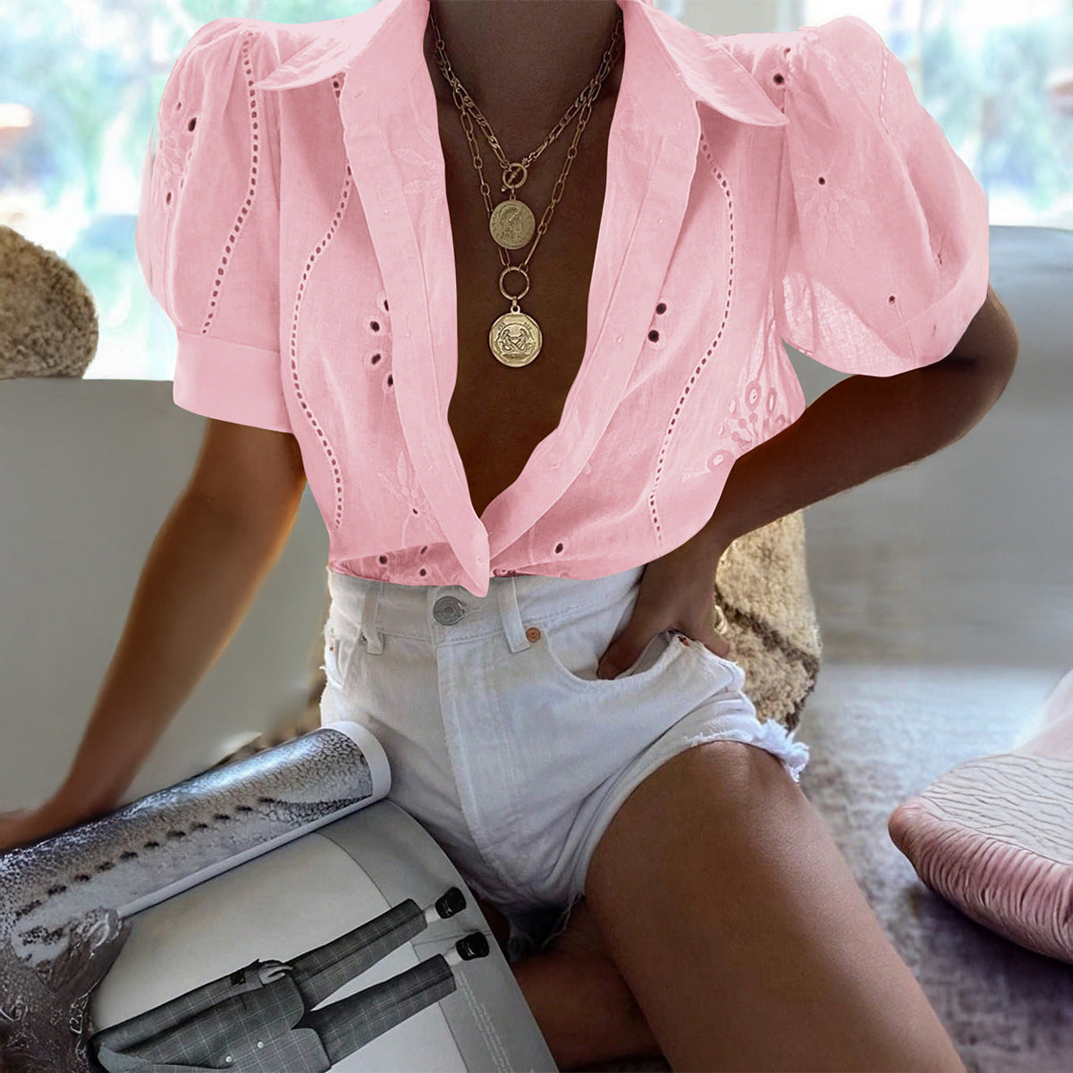 Hollow-Out Lantern Sleeves Buttons Shirt - JEXIE