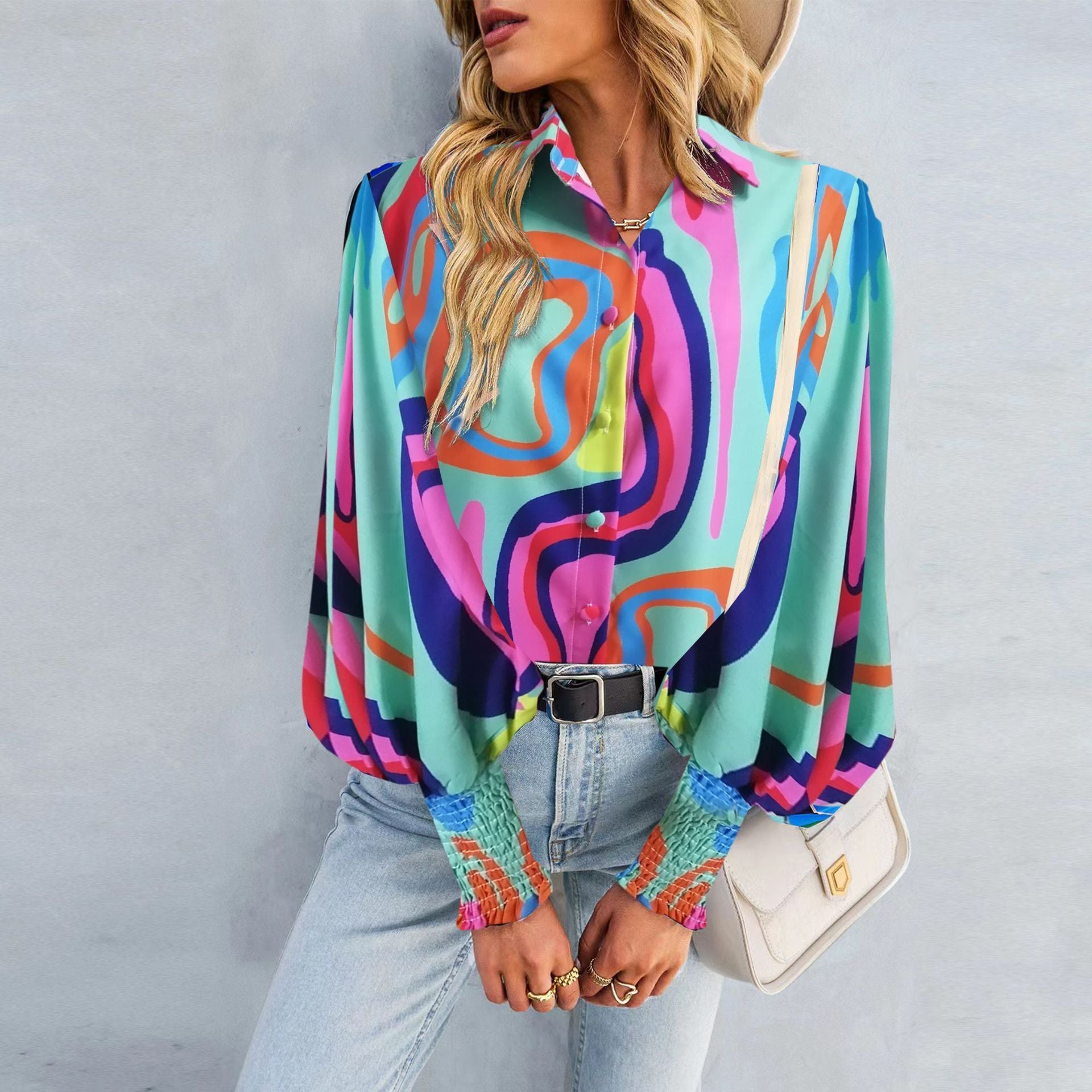 Colorful Prints Lantern Sleeve Shirt - JEXIE