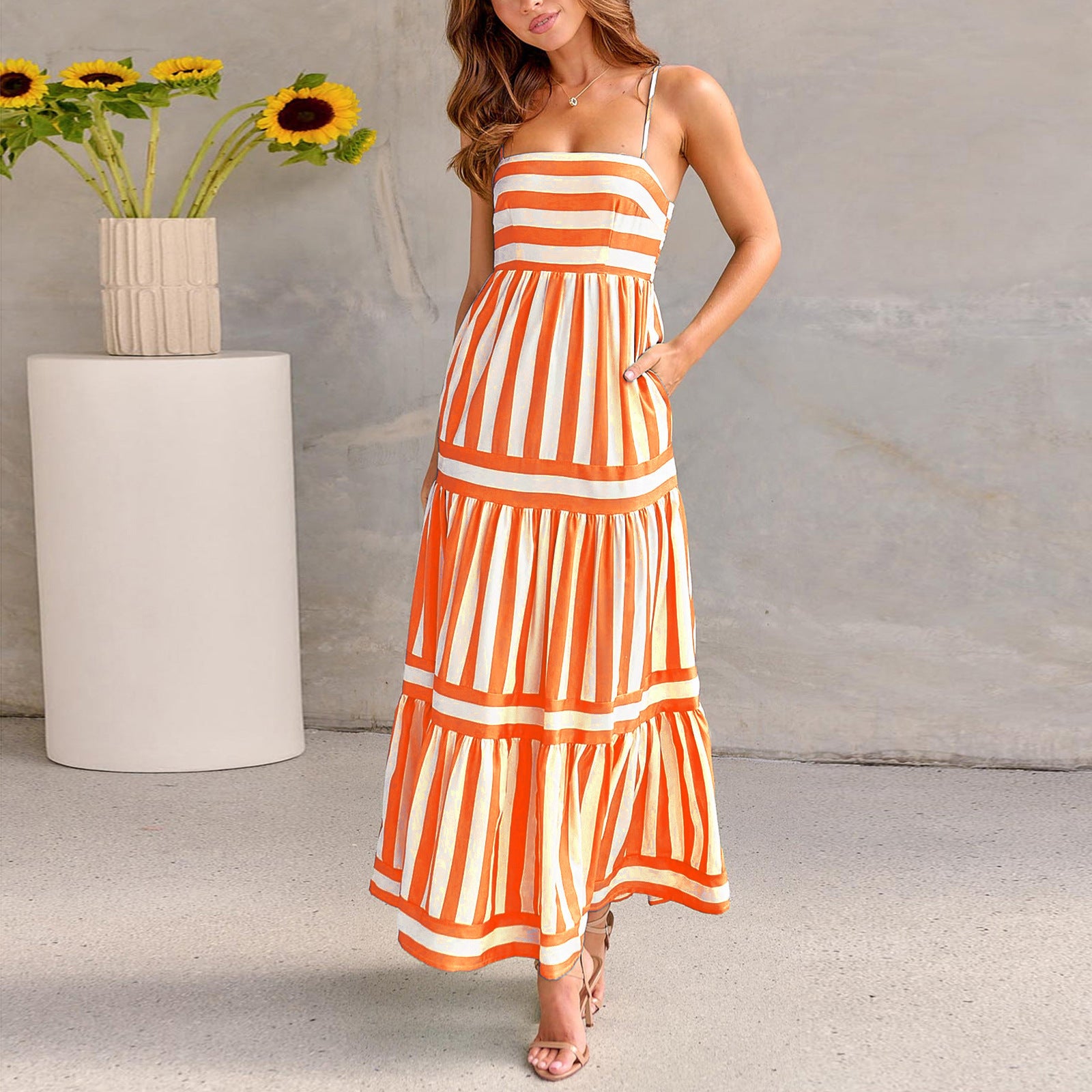 Striped Printed Spaghetti Straps Dress - JEXIE