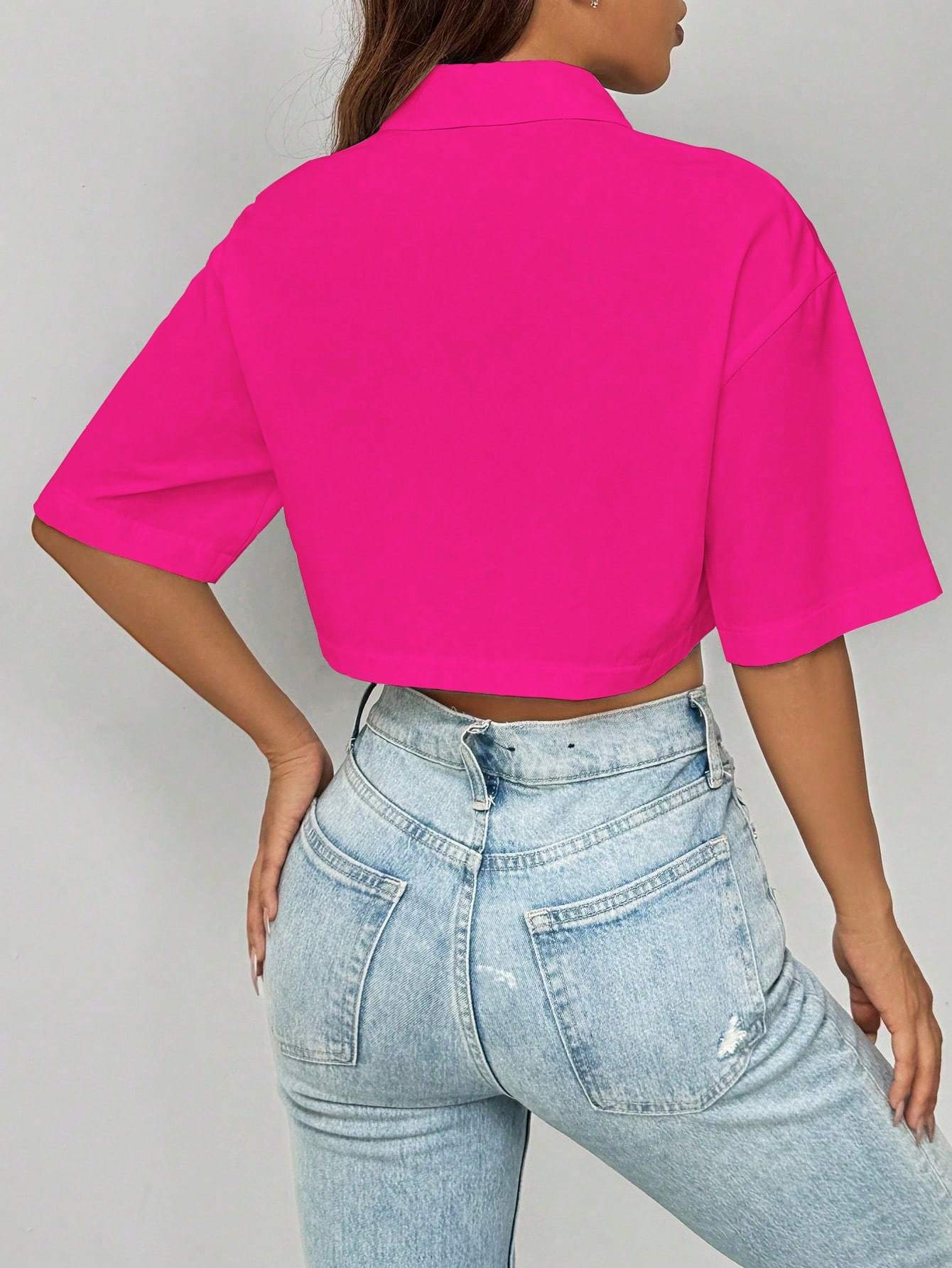 Front Pockets Plain Crop Top Shirt