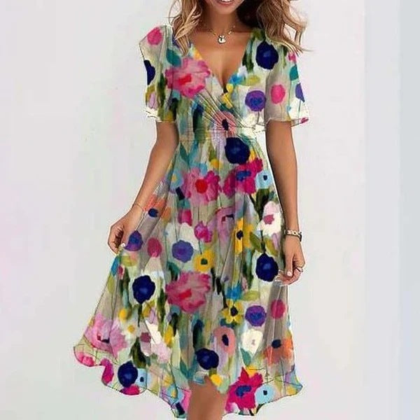 Chiffon Printed Short Sleeve Dress - JEXIE