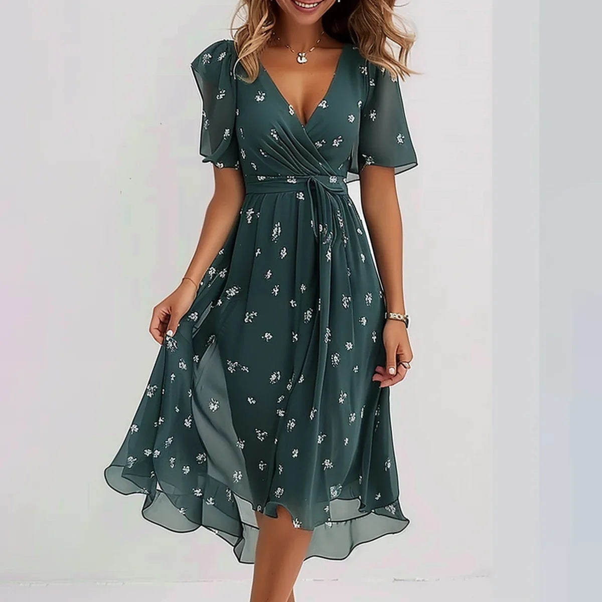 Chiffon Printed Short Sleeve Dress - JEXIE