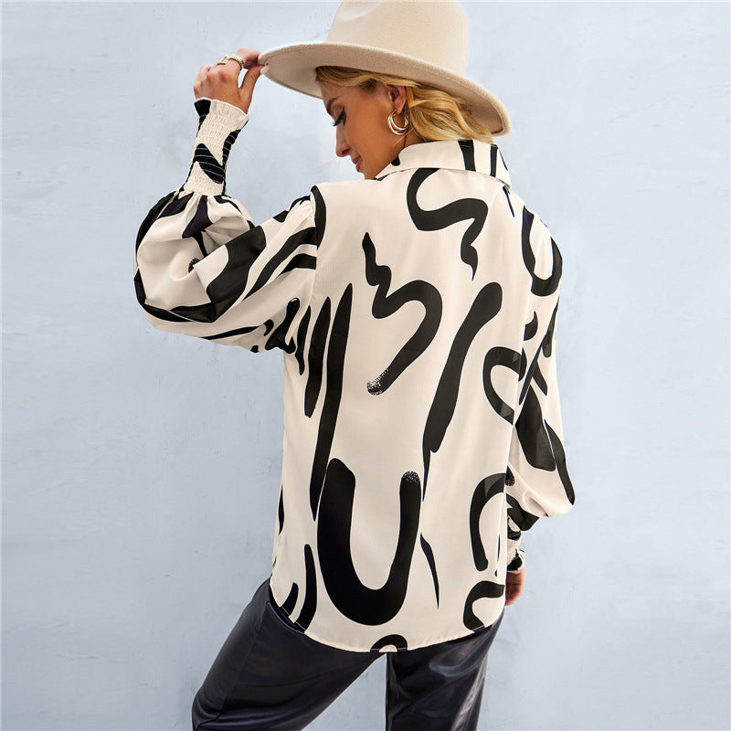 Abstract Prints Lantern Sleeve Shirt - JEXIE