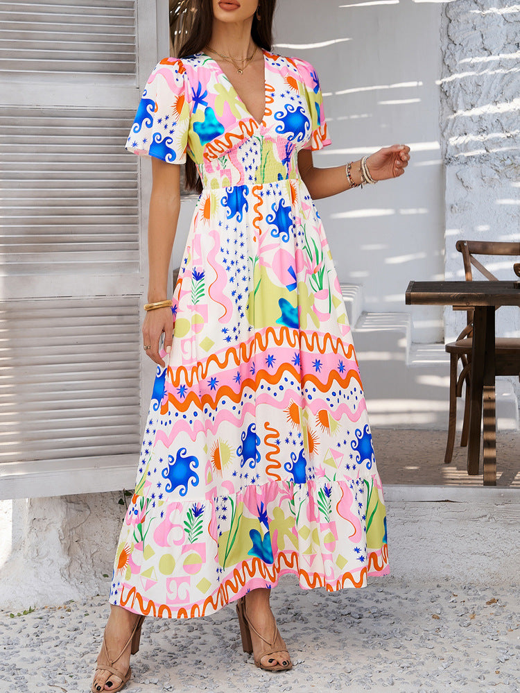 Colorful Patchwork V-neck Dress - JEXIE