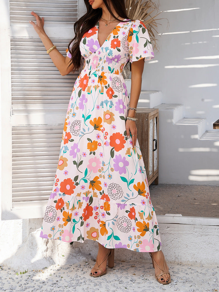 Flowered Colorful Batwing Dress - JEXIE