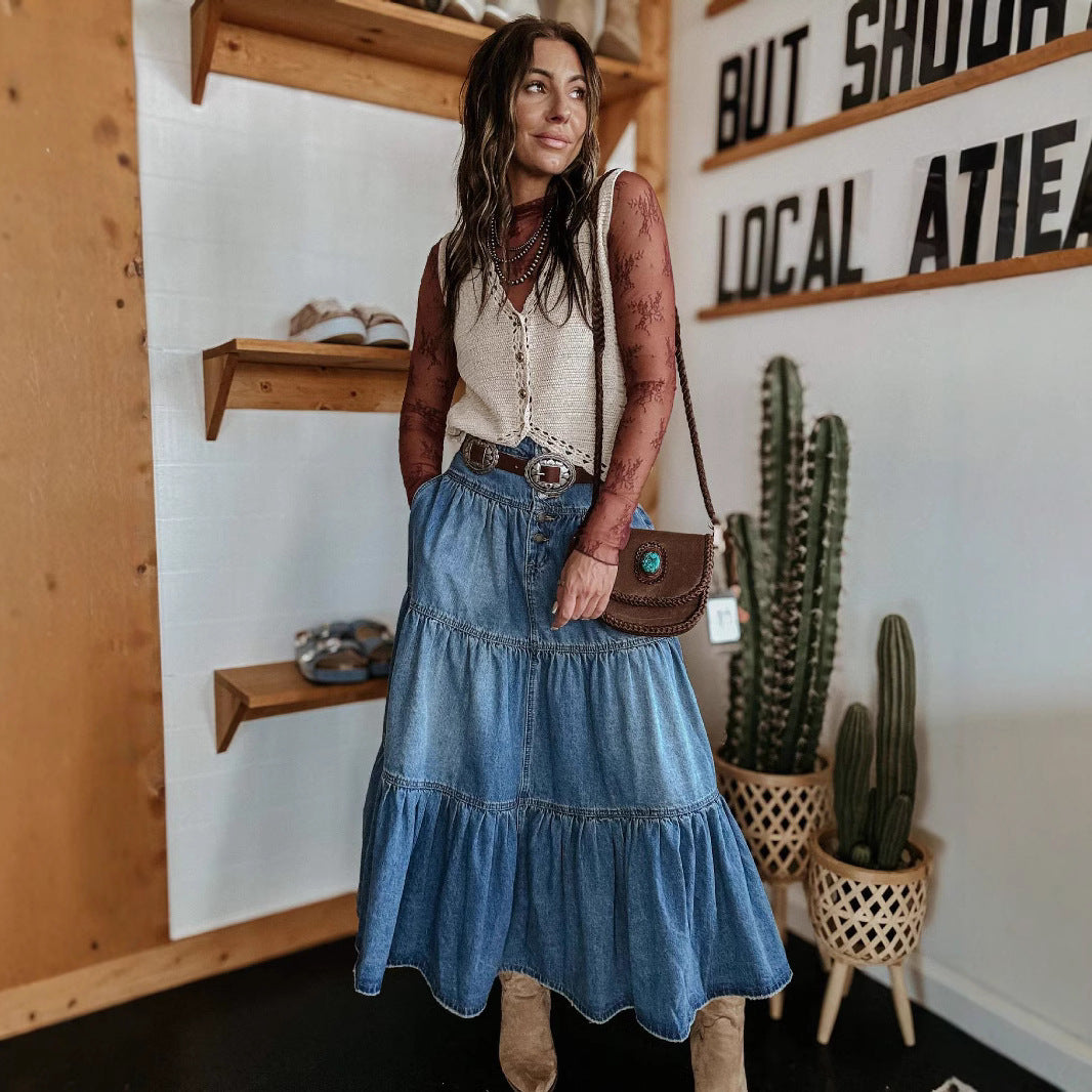 A-Line Layered Denim Skirt - JEXIE