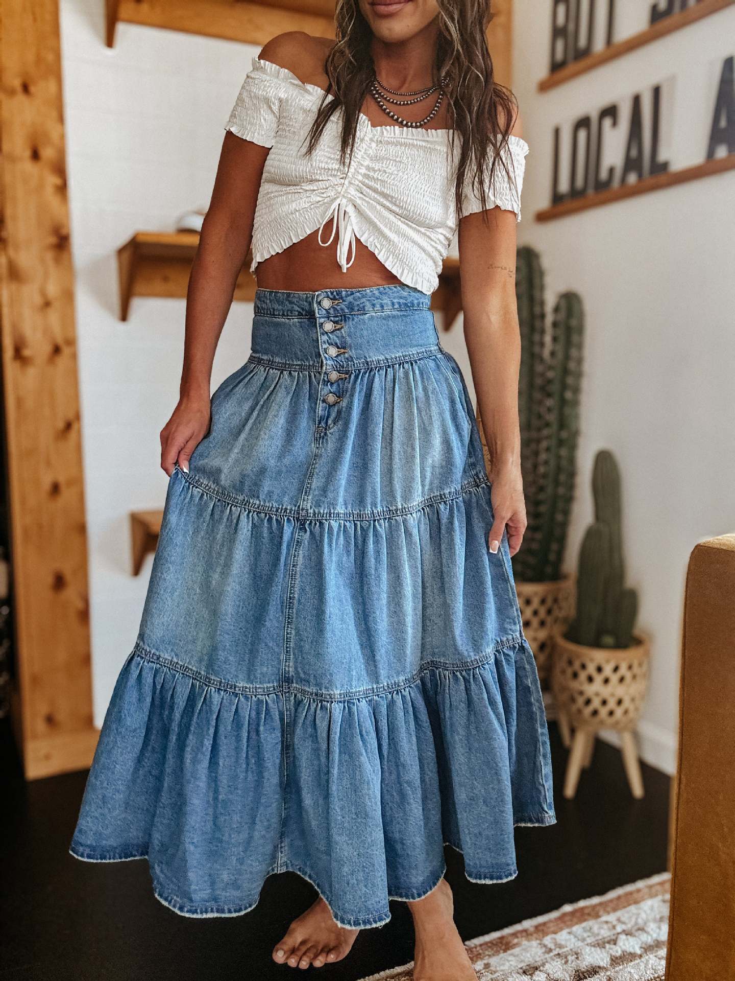 A-Line Layered Denim Skirt - JEXIE