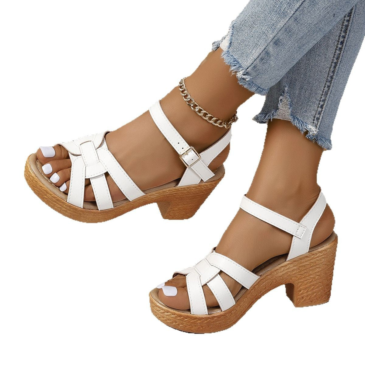 Plus Size Roman Women's Peep Toe Chunky Heel Buckle High Heel Sandals - JEXIE
