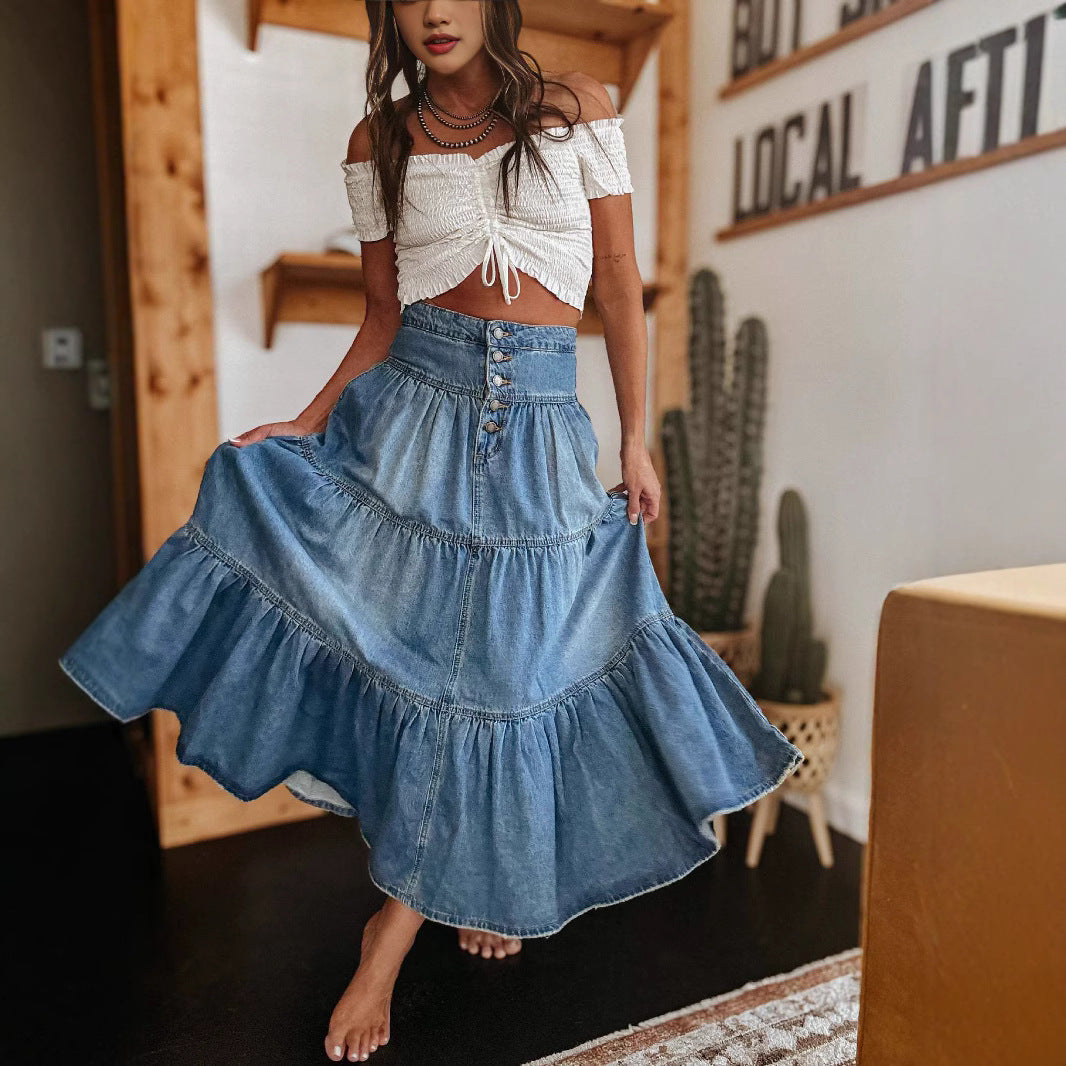 A-Line Layered Denim Skirt - JEXIE