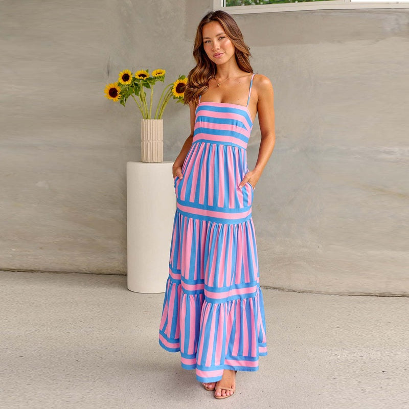 Striped Printed Spaghetti Straps Dress - JEXIE