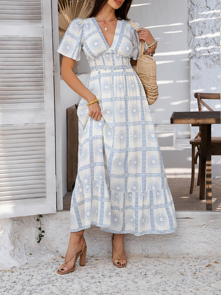 Sun Prints Checkered V-neck Dress - JEXIE