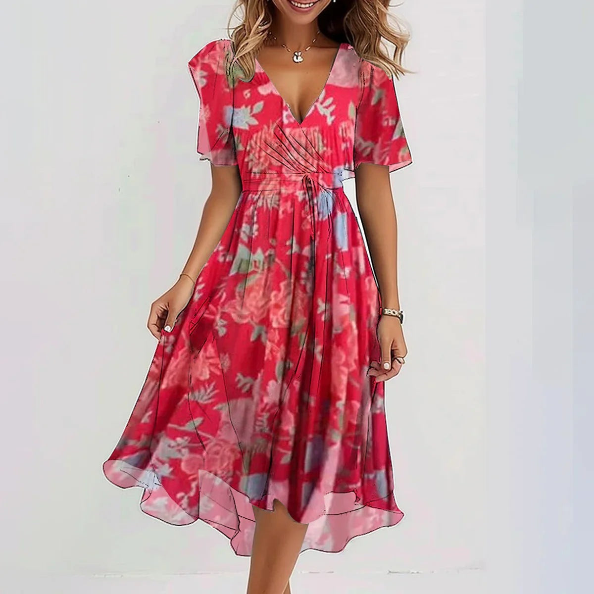 Chiffon Printed Short Sleeve Dress - JEXIE
