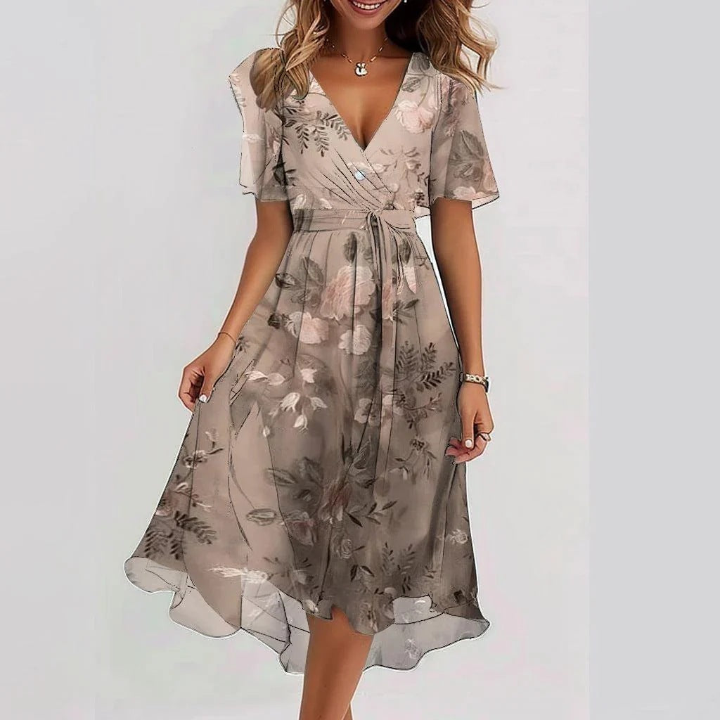 Chiffon Printed Short Sleeve Dress - JEXIE