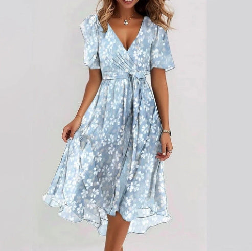 Chiffon Printed Short Sleeve Dress - JEXIE