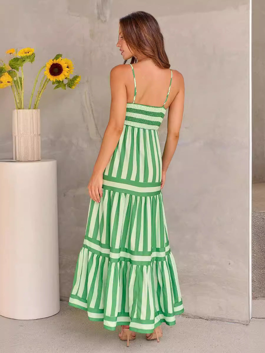 Striped Printed Spaghetti Straps Dress - JEXIE