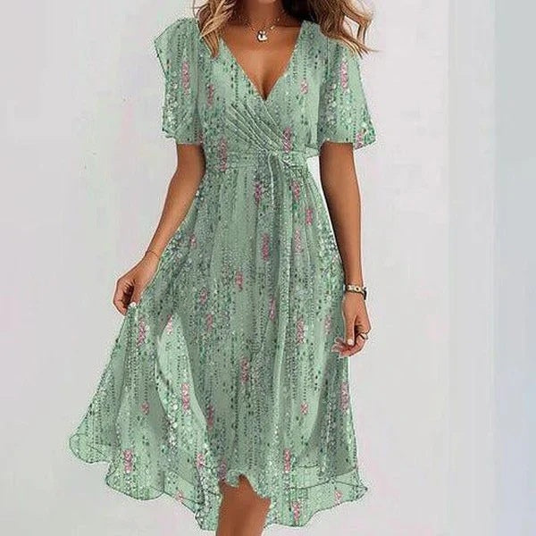 Chiffon Printed Short Sleeve Dress - JEXIE