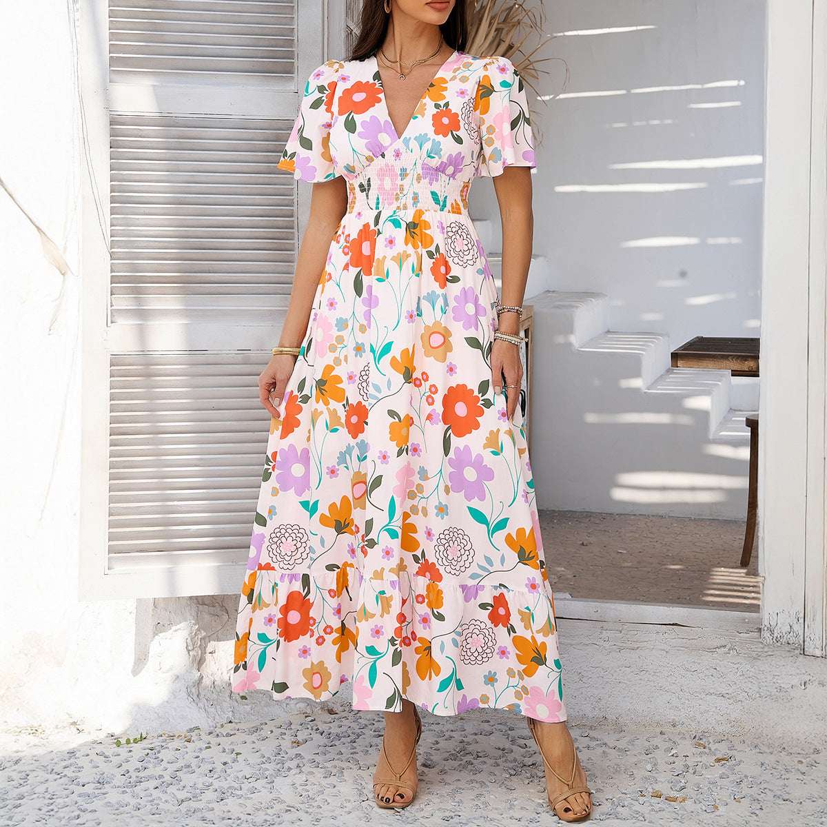 Flowered Colorful Batwing Dress - JEXIE