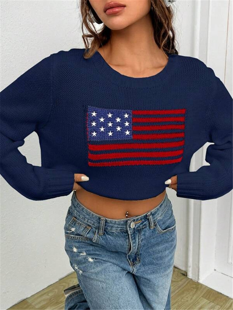 Loose USA Flag Print Sweater - JEXIE