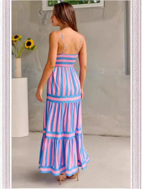 Striped Printed Spaghetti Straps Dress - JEXIE