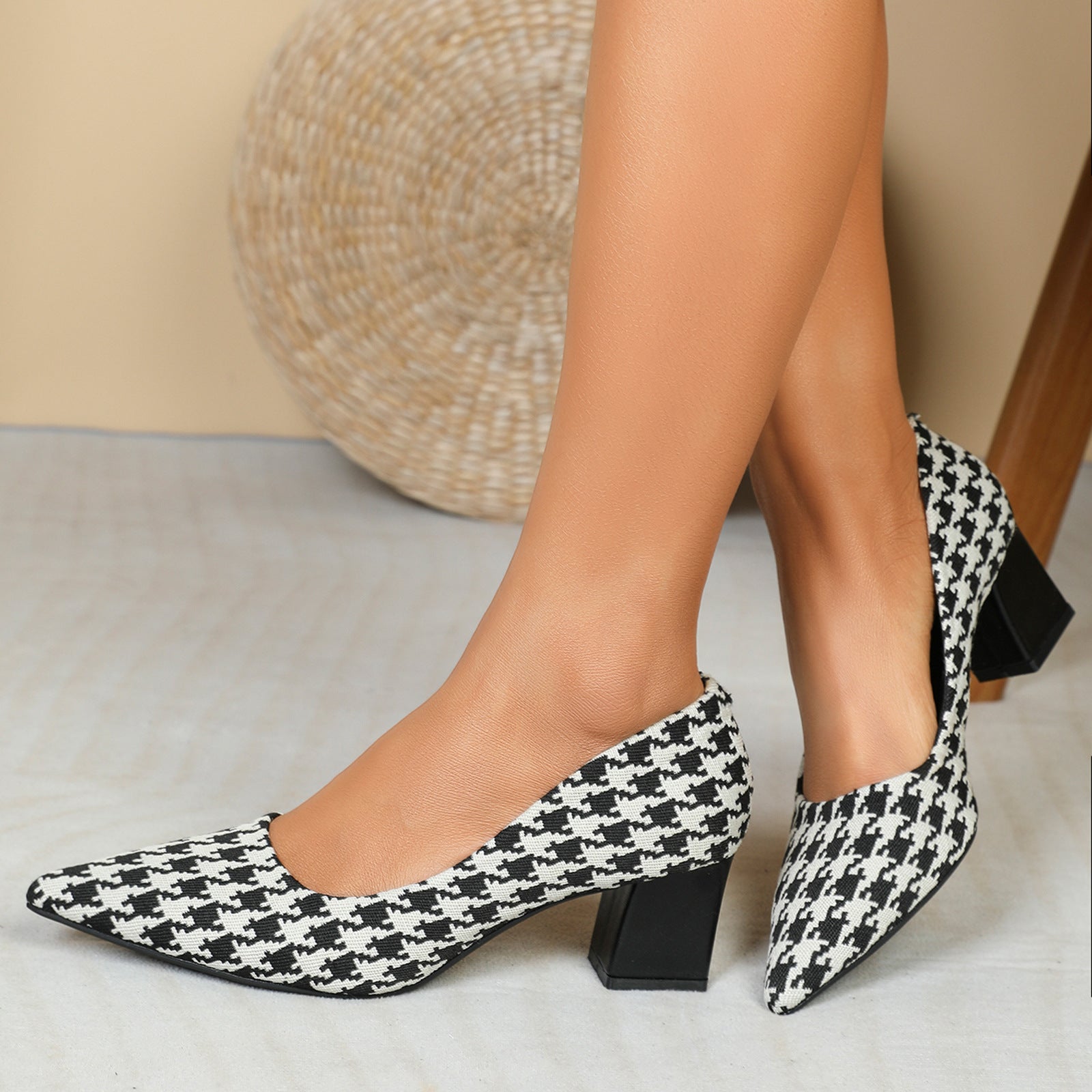 Houndstooth Low-cut Chunky Heel Shoes - JEXIE