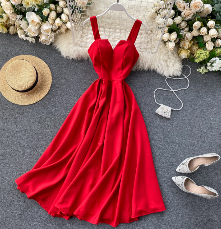 V-neck Retro Solid Dress - JEXIE