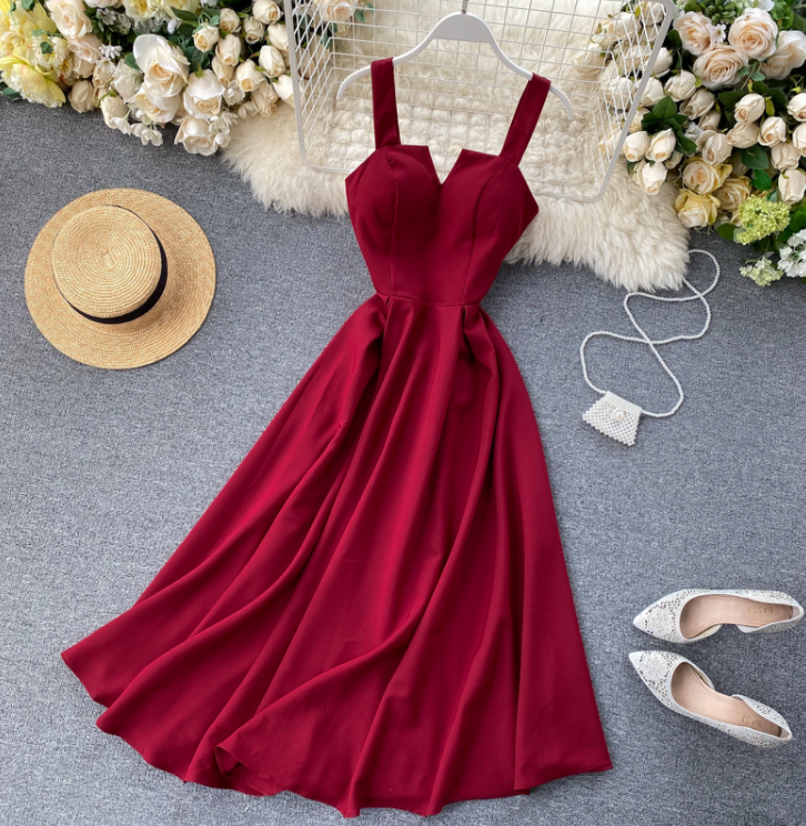 V-neck Retro Solid Dress - JEXIE