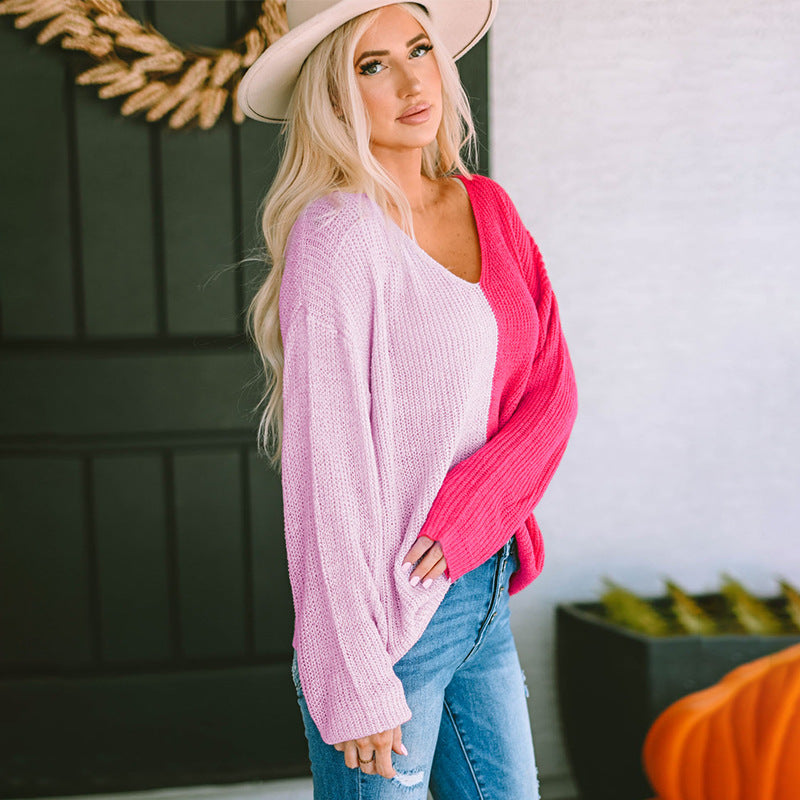 Contrast Color V-neck Loose Pullover