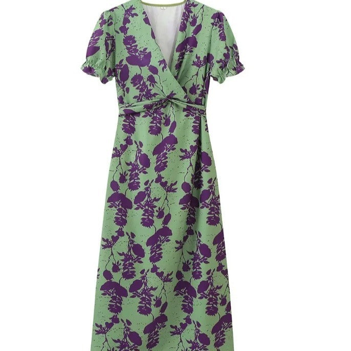 Green Purple Contrast Floral Dress