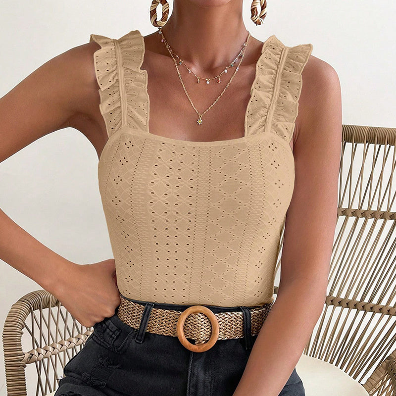 Ruffle Straps Eyelet Blouse - JEXIE