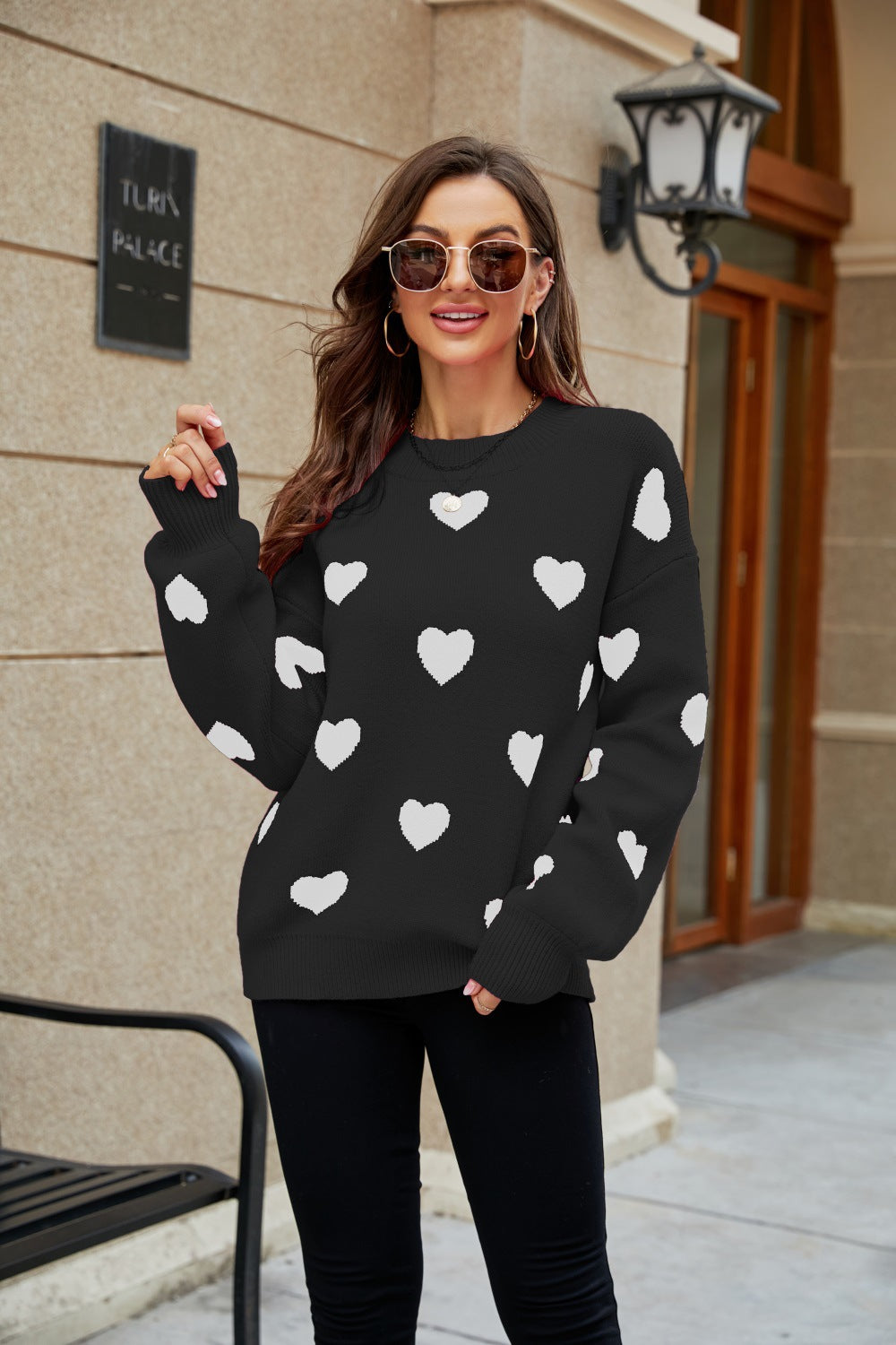 Loose Knit Heart Pattern Sweater - JEXIE
