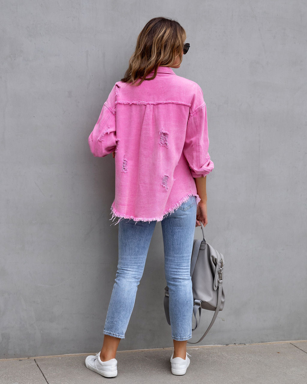 Pocketed Ripped Shirt Jacket - JEXIE