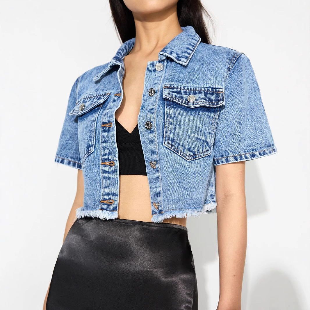 Front Pockets Crop Denim Jacket