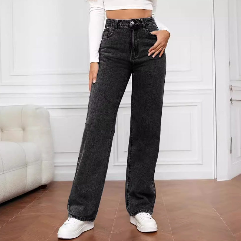 High Waisted Straight-Leg Denim Pants