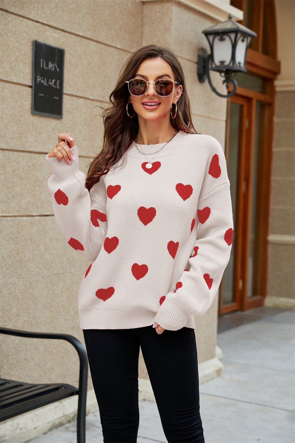 Loose Knit Heart Pattern Sweater - JEXIE