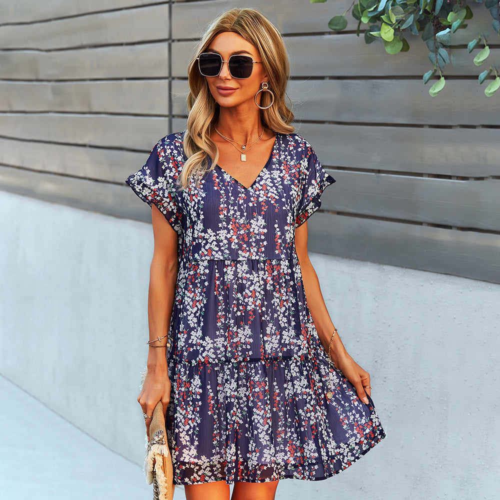 Flowers Loose Short Chiffon Dress