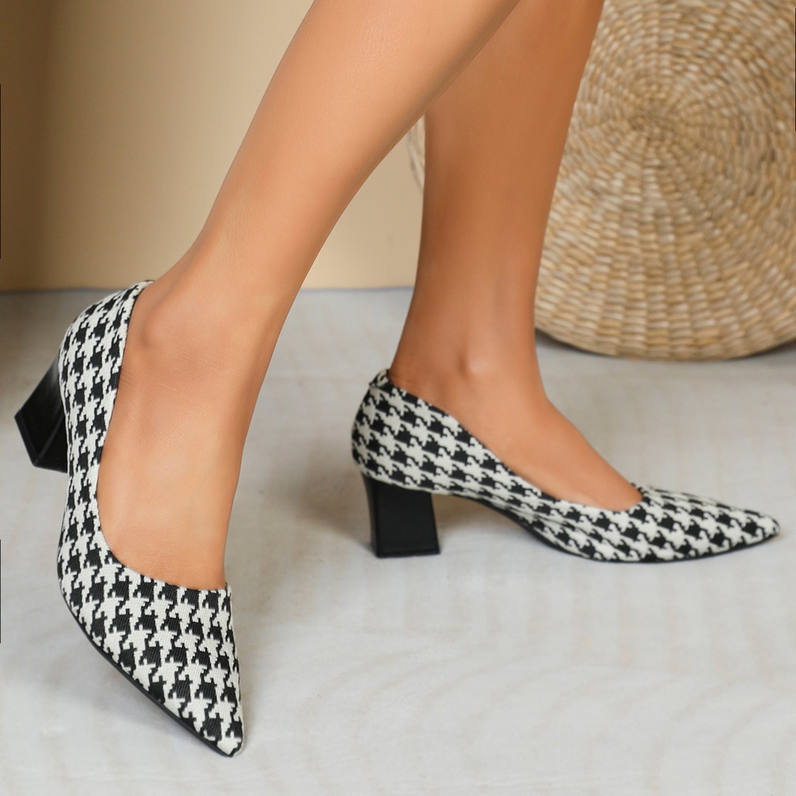 Houndstooth Low-cut Chunky Heel Shoes