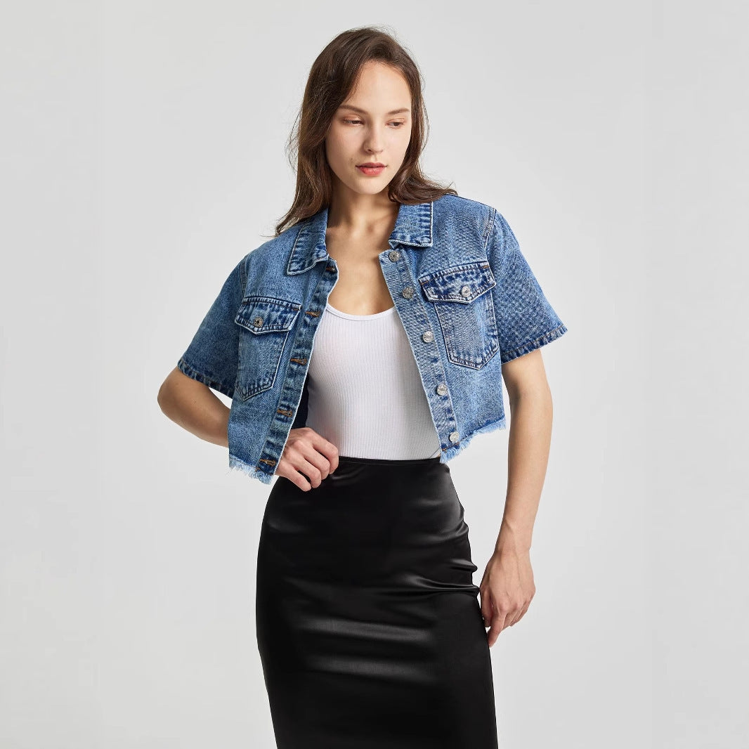 Front Pockets Crop Denim Jacket