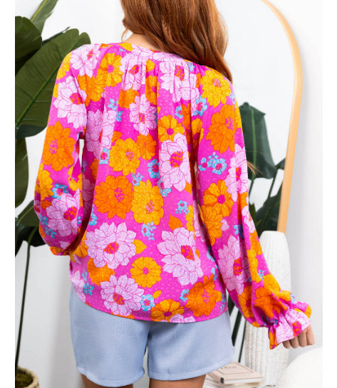 Rose Floral Prints Notched Neck Blouse